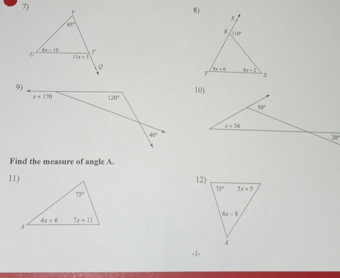 Find the measure of angle A.
12)
-1-