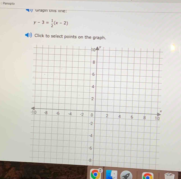 Panopto 
Graph this line:
y-3= 1/2 (x-2)
Click to select points on the graph.