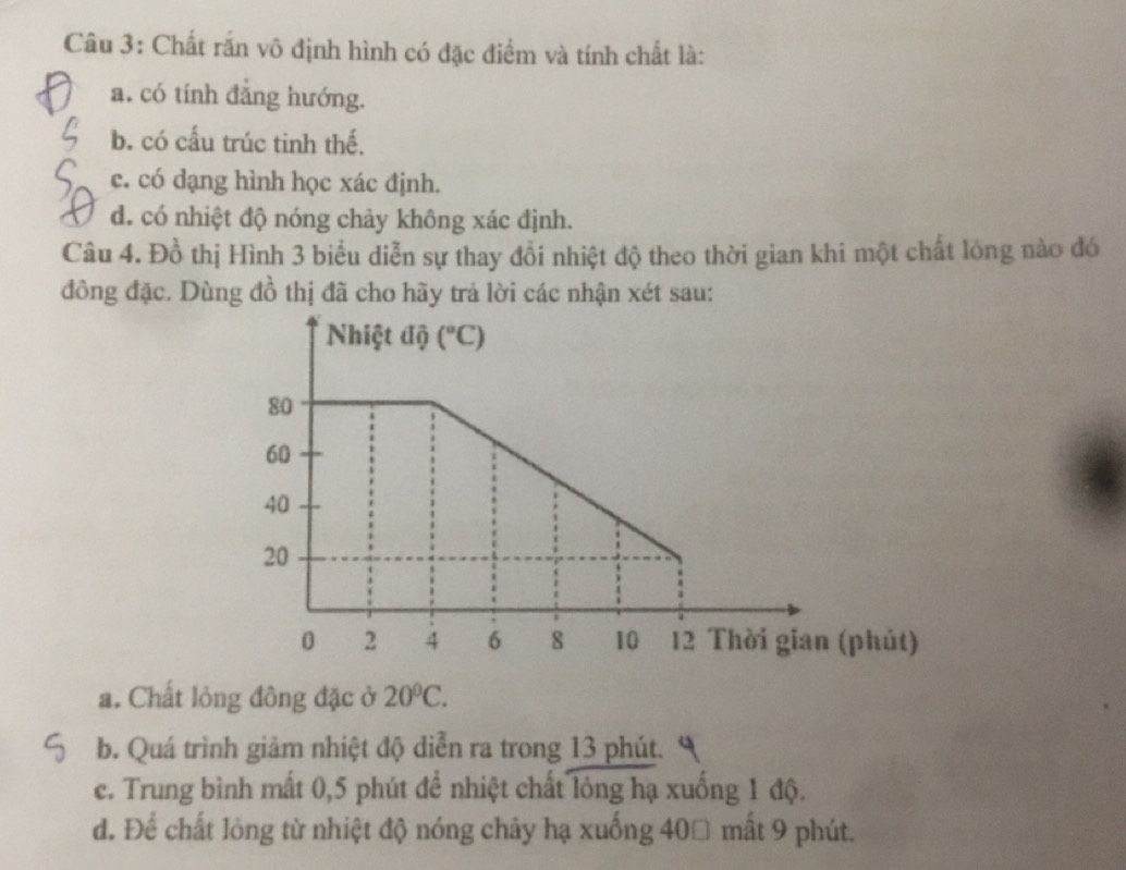 Chất rắn vô định hình có đặc điểm và tính chất là:
a. có tính đẳng hướng.
b. có cấu trúc tinh thế.
c. có dạng hình học xác định.
d. có nhiệt độ nóng chảy không xác định.
Câu 4. Đồ thị Hình 3 biểu diễn sự thay đồi nhiệt độ theo thời gian khi một chất lóng nào đó
đồng đặc. Dùng đồ thị đã cho hãy trả lời các nhận xét sau:
a. Chất lỏng đông đặc ở 20°C.
b. Quá trình giảm nhiệt độ diễn ra trong 13 phút.
c. Trung bình mất 0,5 phút để nhiệt chất lỏng hạ xuống 1 độ.
d. Để chất lỏng từ nhiệt độ nóng chảy hạ xuống 40% mất 9 phút.