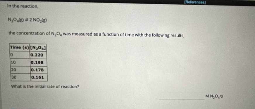 [References]
In the reaction,
N_2O_4(g)leftharpoons 2NO_2(g)
the concentration of N_2O_4 was measured as a function of time with the following results,
What is the initial rate of reaction?
_
M N_2O_4/s