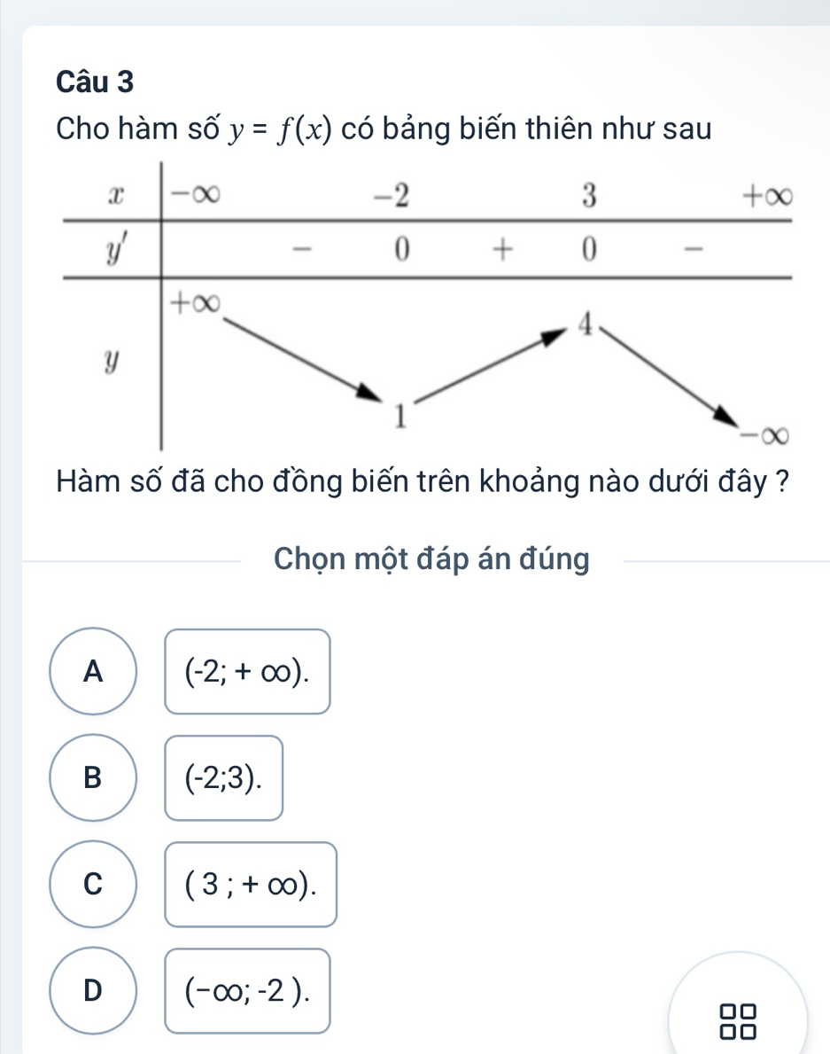 Cho hàm số y=f(x) có bảng biến thiên như sau
Hàm số đã cho đồng biến trên khoảng nào dưới đây ?
Chọn một đáp án đúng
A (-2;+∈fty ).
B (-2;3).
C (3;+∈fty ).
D (-∈fty ;-2).