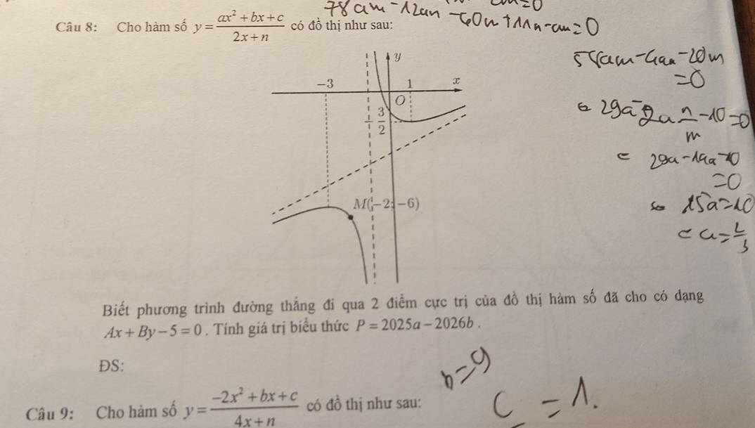 Cho hàm số y= (ax^2+bx+c)/2x+n  có đồ thị như sau:
Biết phương trình đường thẳng đi qua 2 điểm cực trị của đồ thị hàm số đã cho có dạng
Ax+By-5=0. Tính giá trị biểu thức P=2025a-2026b.
DS:
Câu 9: Cho hàm số y= (-2x^2+bx+c)/4x+n  có đồ thị như sau: