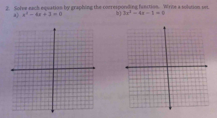 Solve each equation by graphing the corresponding function. Write a solution set. 
a) x^2-4x+3=0 b) 3x^2-4x-1=0