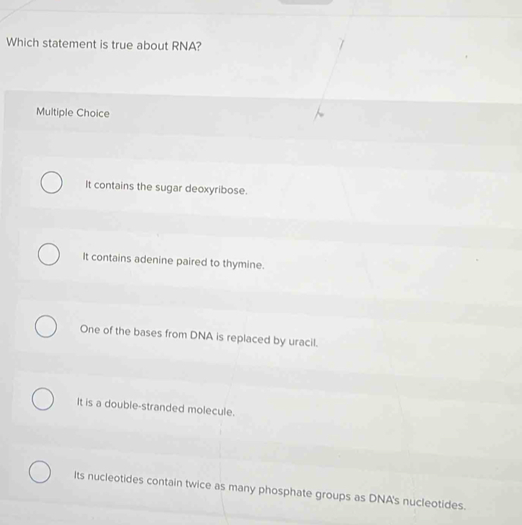 Which statement is true about RNA?
Multiple Choice
It contains the sugar deoxyribose.
It contains adenine paired to thymine.
One of the bases from DNA is replaced by uracil.
It is a double-stranded molecule.
Its nucleotides contain twice as many phosphate groups as DNA's nucleotides.