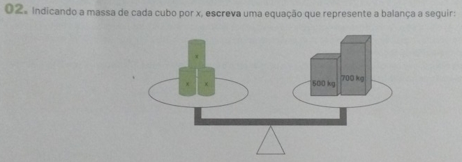 Indicando a massa de cada cubo por x, escreva uma equação que represente a balança a seguir: