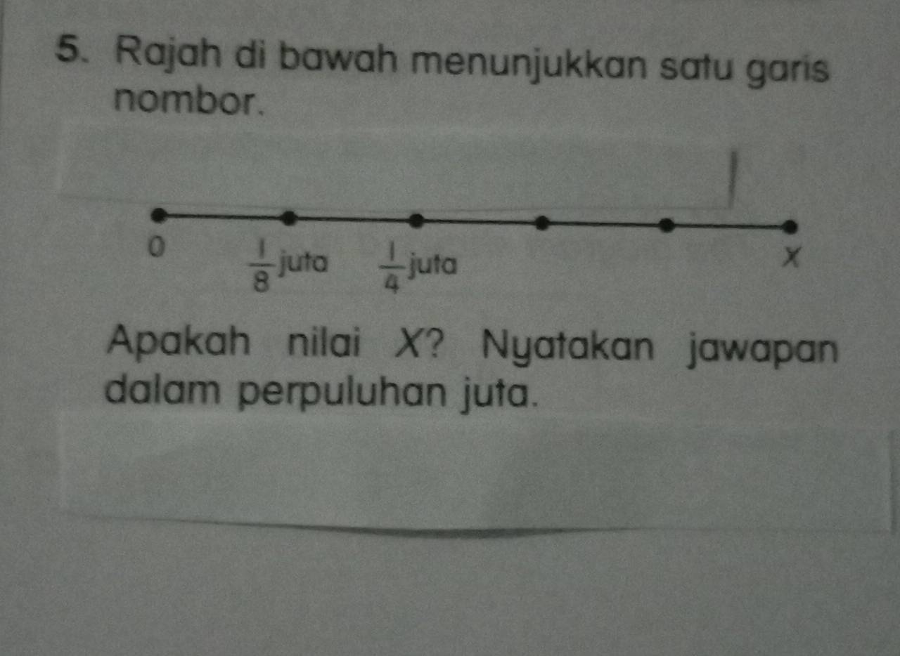 Rajah di bawah menunjukkan satu garis
nombor.
Apakah nilai X? Nyatakan jawapan
dalam perpuluhan juta.