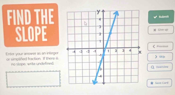 FIND THESubmit 
SLOPE 
Give up 
Previous 
Enter your answer as an integer 
or simplified fraction. If there is Skip 
no slope, write undefined. 
overvin 
Savé Card