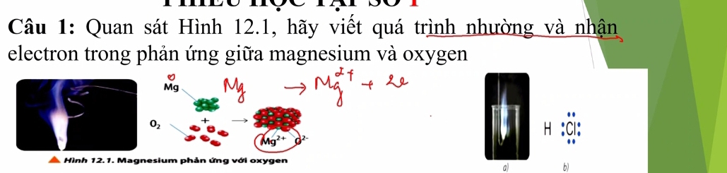 Quan sát Hình 12.1, hãy viết quá trình nhường và nhận 
electron trong phản ứng giữa magnesium và oxygen
_(Mg)°
O_2
- 
CL 
Hình 12.1. Magnesium phản ứng với oxygen 
a) b)