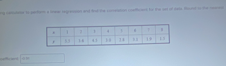 ng calculator to perform a linear regression and find the correlation coefficient for the set of data. Round to the nearest 
oefficient: -0.91