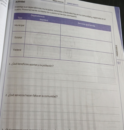 Actividad 
Pémer séméstre 
Unídica 
sinco Investiga qué dependencias municipales 
cuadro. Posteriorme 
_ 
_ 
_ 
2. ¿Qué servicios hacen falta en la comunidad? 
_ 
_ 
_