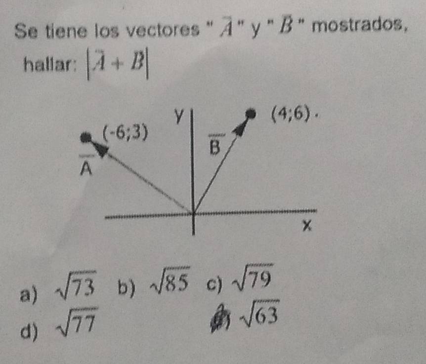 Se tiene los vectores " ā ' y" B" mostrados,
hallar: |A+B|
a) sqrt(73) b) sqrt(85) c) sqrt(79)
d) sqrt(77)
sqrt(63)