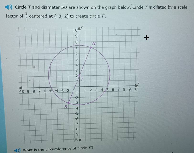 overline SU
Circle T and diameter are shown on the graph below. Circle T is dilated by a scale 
factor of  1/3  centered at (-8,2) to create circle T'. 
What is the circumference of circle T'?