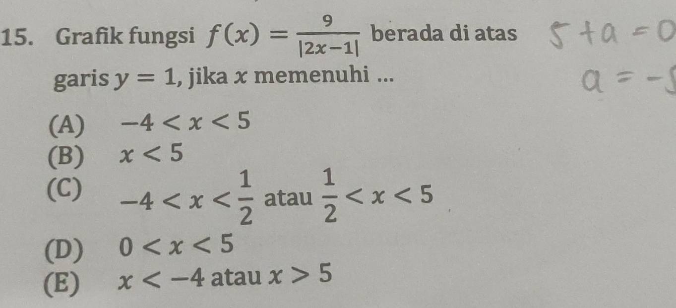 Grafik fungsi f(x)= 9/|2x-1|  berada di atas
garis y=1 , jika x memenuhi ...
(A) -4
(B) x<5</tex>
(C) -4 atau  1/2 
(D) 0
(E) x atau x>5