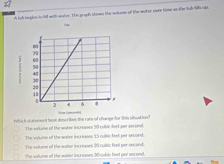 A tub begins to fill with water. The graph shows the volume of the water over time as the tub fills up.
Tuo
Which statement best describes the rate of change for this situation?
The volume of the water increases 10 cubic feet per second.
The volume of the water increases 15 cubic feet per second.
The volume of the water increases 20 cubic feet per second.
The volume of the water increases 30 cubic feet per second.