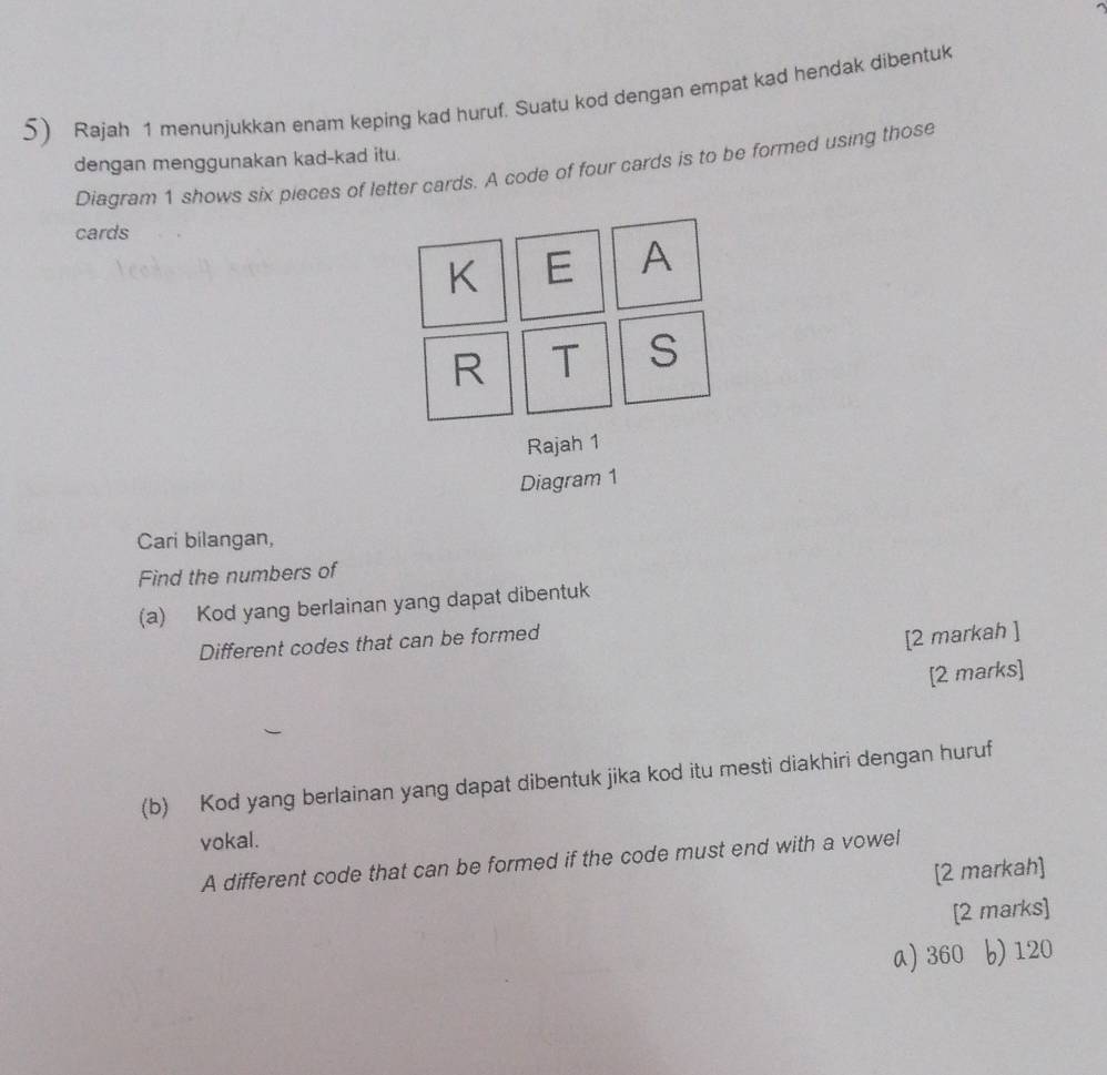 Rajah 1 menunjukkan enam keping kad huruf. Suatu kod dengan empat kad hendak dibentuk
dengan menggunakan kad-kad itu.
Diagram 1 shows six pieces of letter cards. A code of four cards is to be formed using those
cards
K E A
R T S
Rajah 1
Diagram 1
Cari bilangan,
Find the numbers of
(a) Kod yang berlainan yang dapat dibentuk
Different codes that can be formed
[2 markah ]
[2 marks]
(b) Kod yang berlainan yang dapat dibentuk jika kod itu mesti diakhiri dengan huruf
vokal.
A different code that can be formed if the code must end with a vowel
[2 markah]
[2 marks]
a) 360 b) 120