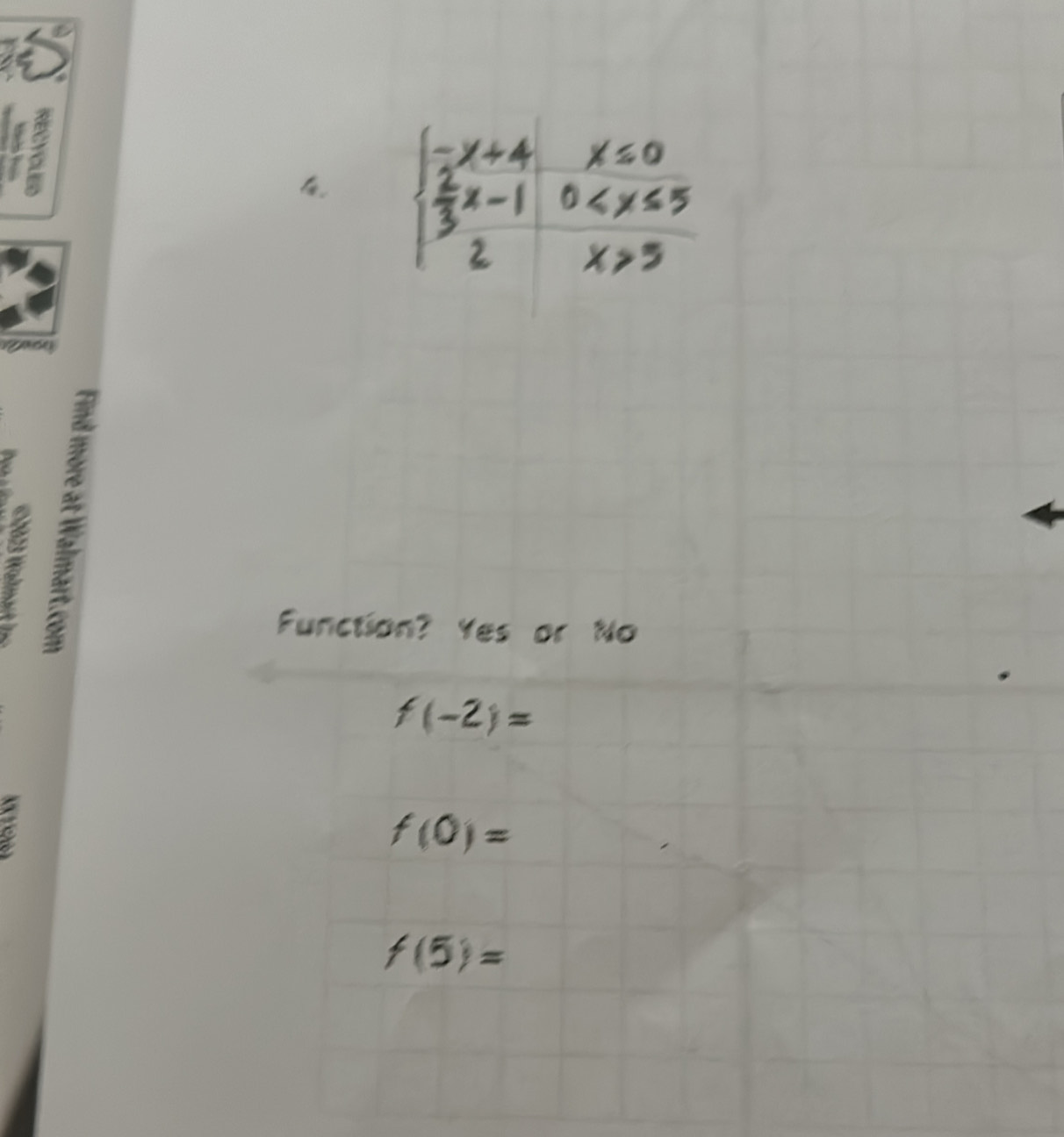 Function? Yes or No
f(-2)=
f(0)=
f(5)=