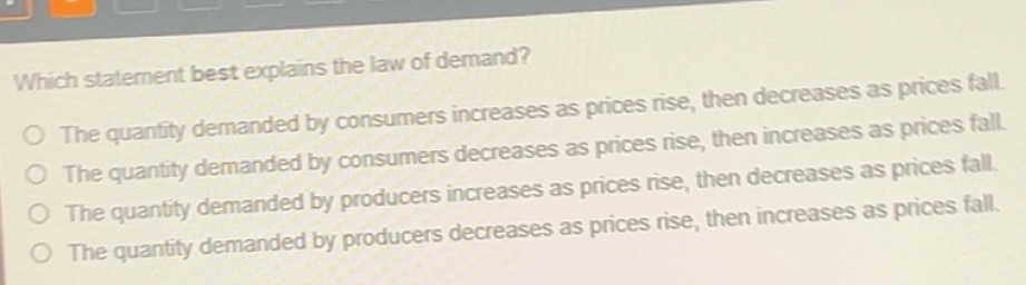 Solved: Which statement best explains the law of demand? The quantity ...