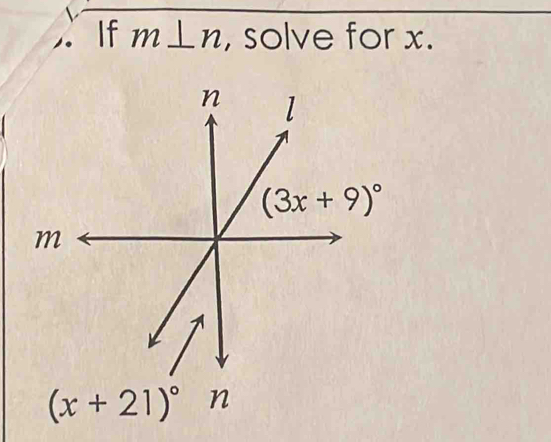 If m⊥ n , solve for x.
n l
(3x+9)^circ 
m
(x+21)^circ  n