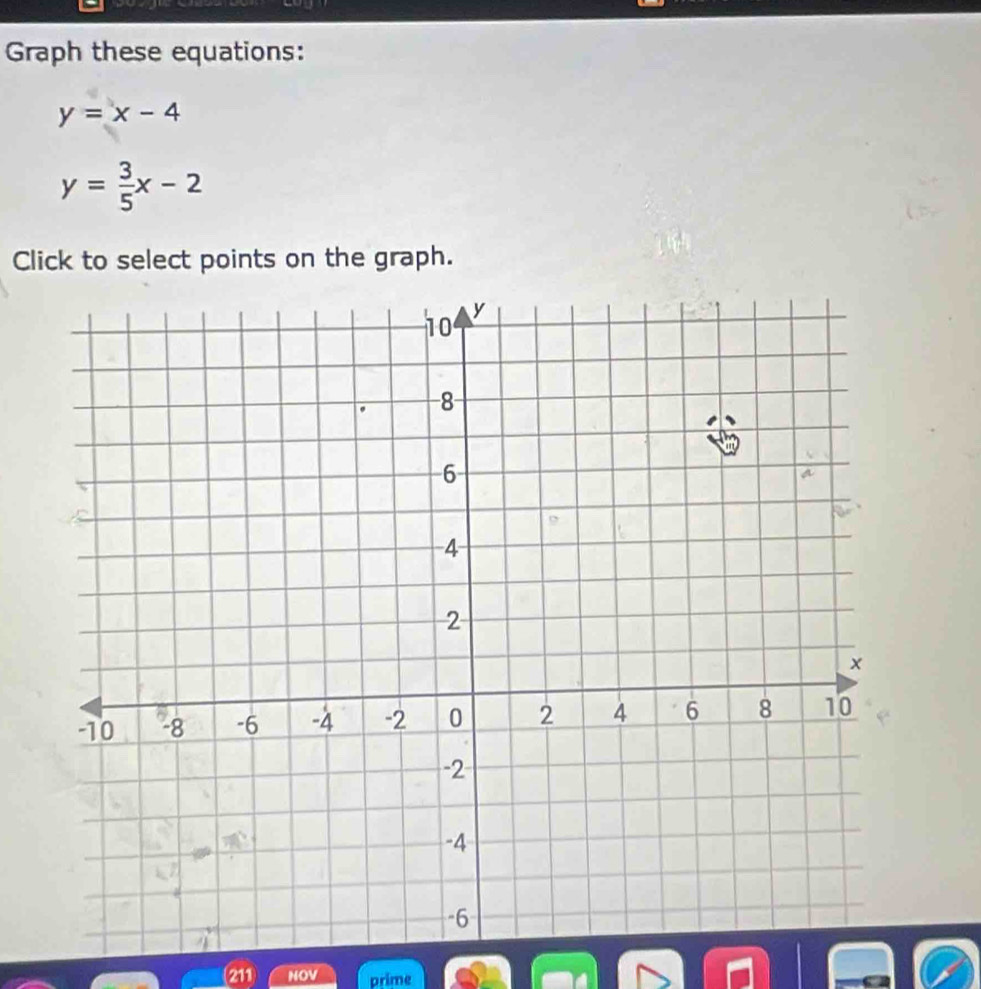 Graph these equations:
y=x-4
y= 3/5 x-2
Click to select points on the graph.
211 NOV prime