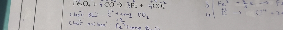 Fe_3O_4+4CO^-2to 3Fe+4CO_2^(-2
3 Fe^3+)+ 8/3e  F 
chai luǔ ^+2++mgCO_2
beginarrayr +2 cendarray
c^(+4)+2c
chai oxihoa! beginarrayr + 8/3  Fe^(3+)+100na