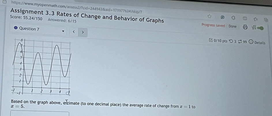 Assignment 3.3 Rates of Change and Behavior of Graphs Progress saved Done sqrt(0) 
Score: 55.24/150 Answered: 6/15 
Question 7 ) 
0/10 pts つ 3 2 99 Details 
Based on the graph above, estimate (to one decimal place) the average rate of change from x=1 to
x=5.