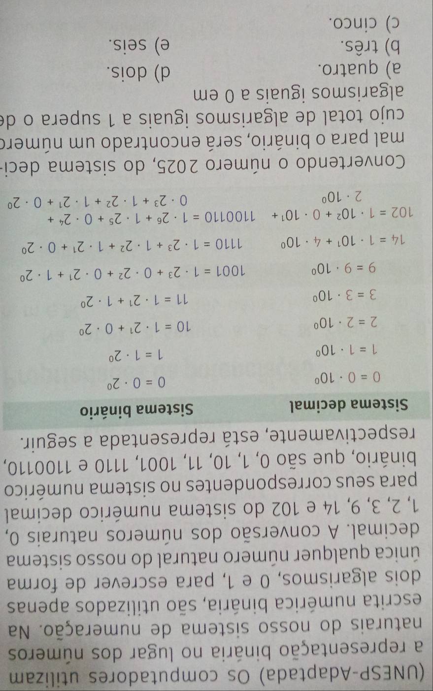 (UNESP-Adaptada) Os computadores utilizam
a representação binária no lugar dos números
naturais do nosso sistema de numeração. Na
escrita numérica binária, são utilizados apenas
dois algarismos, 0 e 1, para escrever de forma
única qualquer número natural do nosso sistema
decimal. A conversão dos números naturais 0,
1, 2, 3, 9, 14 e 102 do sistema numérico decimal
para seus correspondentes no sistema numérico
binário, que são 0, 1, 10, 11, 1001, 1110 e 1100110,
ctivamente, está representada a seguir.
Convertendo o número 2025, do sistema deci-
mal para o binário, será encontrado um número
cujo total de algarismos iguais a 1 supera o de
algarismos iguais a 0 em
a) quatro.
d) dois.
b) três. e) seis.
c) cinco.