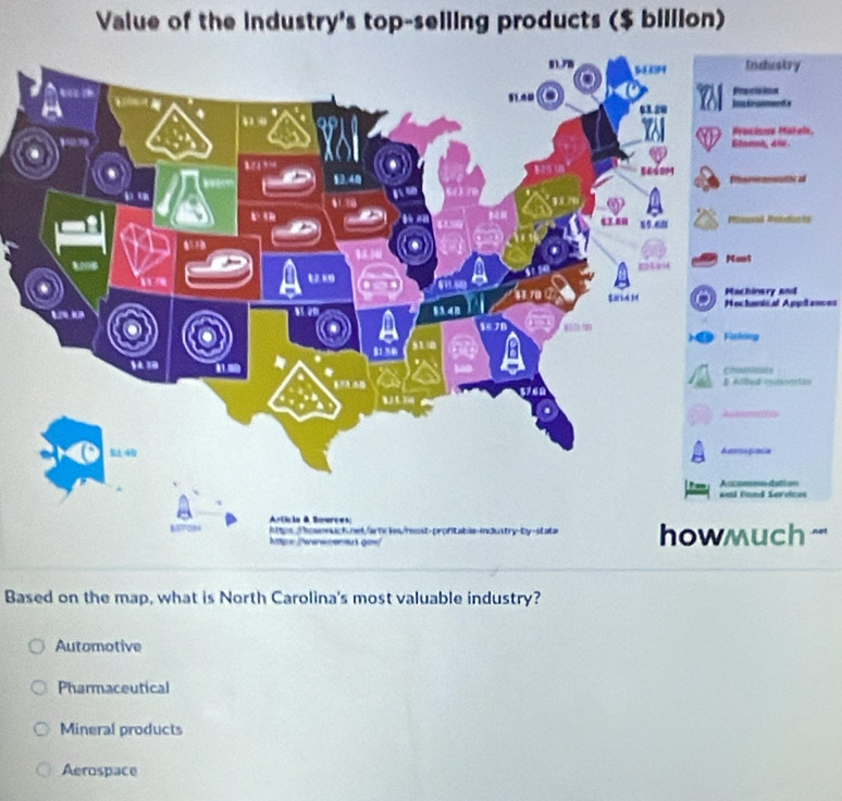 Value of the industry's top-selling products ($ billion)
=echenical Appitan===
'"
Based on the map, what is North Carolina's most valuable industry?
Automotive
Pharmaceutical
Mineral products
Aerospace