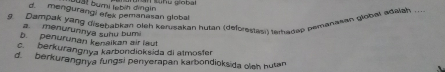 urüñán sühu global
buất bumi lebih dingin
d. mengurangi efek pemanasan global
g Dampak yang disebabkan oleh kerusakan hutan (deforestasi) terhadap pemanasan global adalah ....
a. menurunnya suhu bumi
b. penurunan kenaikan air laut
c. berkurangnya karbondioksida di atmosfer
d. berkurangnya fungsi penyerapan karbondioksida oleh hutan