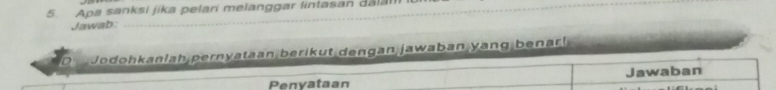 Apa sanksi jika pelari melanggar lintasan dalal 
Jawab: 
_ 
D Jodohkanlah pernyataan berikut dengan jawaban yang benar ! 
Penvataan Jawaban