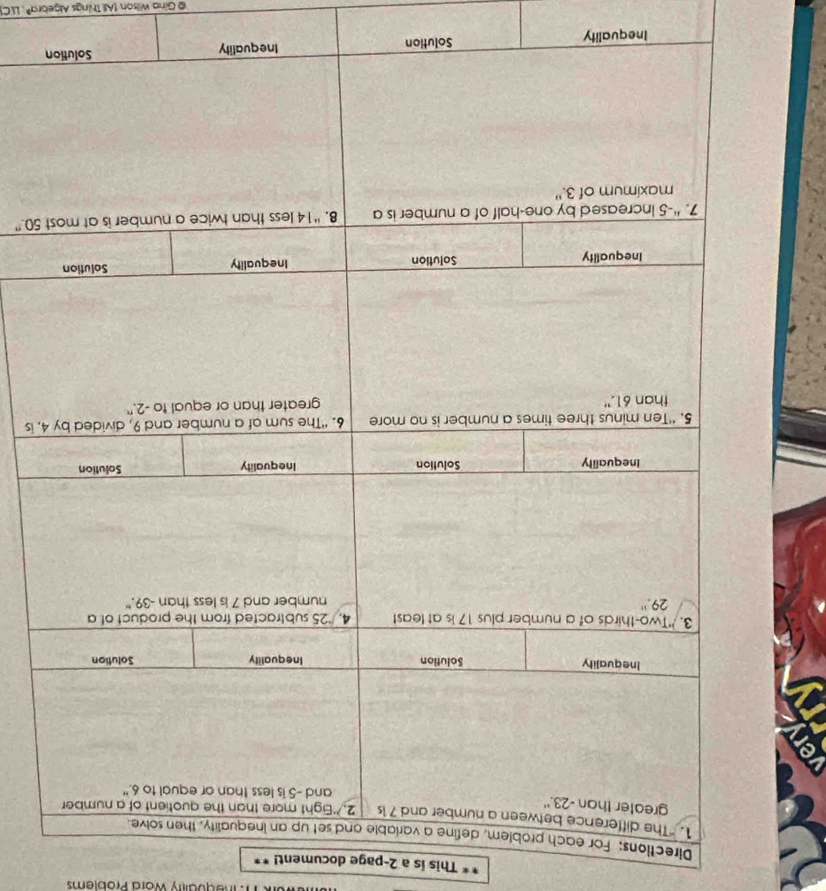 inequality Word Problems 
This is a 2 -page document! 
Directions; F 
4, is 
50.” 
Inequality Solution 
@ Gina Wilson (All Things Algebra® , LLC