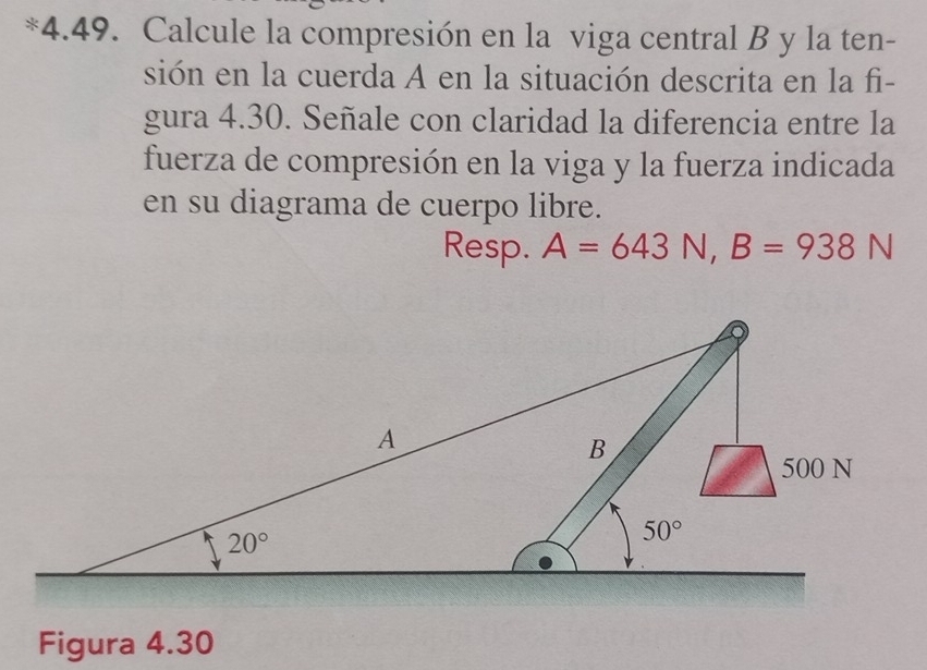 *4. 49. Calcule la compresión en la viga central B y la ten-
sión en la cuerda A en la situación descrita en la fi-
gura 4.30. Señale con claridad la diferencia entre la
fuerza de compresión en la viga y la fuerza indicada
en su diagrama de cuerpo libre.
Resp. A=643N,B=938N
Figura 4.30