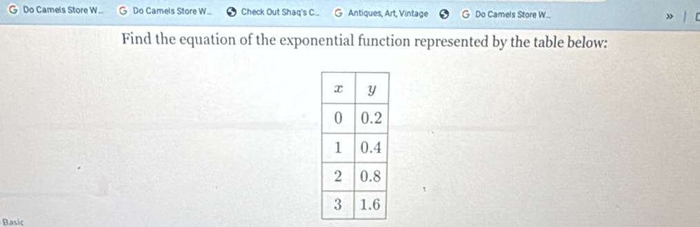 Do Camels Store W. Do Camels Store W Check Out Shaq's C... Antiques, Art, Vintage Do Camels Store W... 
Find the equation of the exponential function represented by the table below: 
Basic