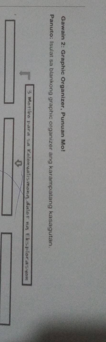 Gawain 2: Graphic Organizer, Punuan Mo! 
Panuto: Isulat sa blankong graphic organizer ang karampatang kasagutan. 
3 Motibo para sa Kolonyalısmong đulot na Eksplorasyon