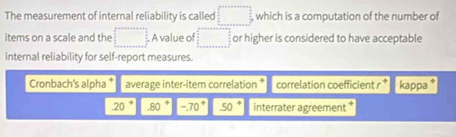 The measurement of internal reliability is called □ , which is a computation of the number of 
items on a scale and the beginarrayr b.x+c+a+x=2+b+a  b/a   b/a  x+a+x+a+x+a+b A value of □ or higher is considered to have acceptable 
internal reliability for self-report measures. 
Cronbach's alpha average inter-item correlation * correlation coefficient r * kappa.20^4 .80^4 -.70^+ .50^+ interrater agreement