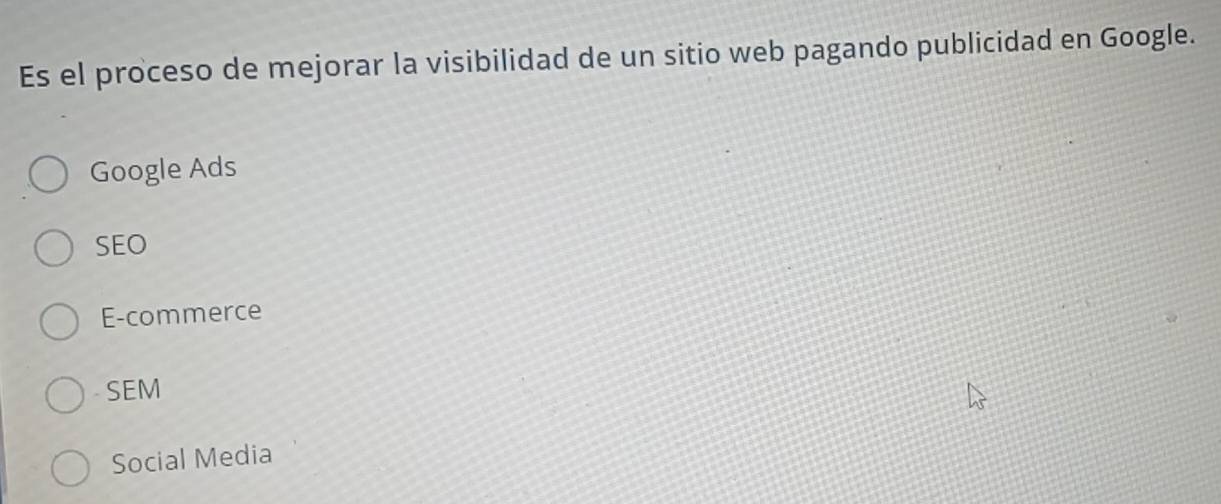 Es el proceso de mejorar la visibilidad de un sitio web pagando publicidad en Google.
Google Ads
SEO
E-commerce
SEM
Social Media