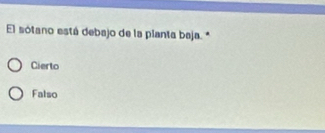 El sótano está debajo de la planta baja. *
Cierto
Falso