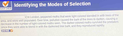 Identifying the Modes of Selection 
QuickK ChECk 
In London, peppered moths that were light colored blended in with trees of the 
area, and were well populated. Over time, pollution caused the bark of the trees to darken, causing a 
decrease in the number of light colored moths seen. The darker colored moths survived the predators 
since they were able to blend in with the darkened tree bark, and they reproduced rapidly. 
DONE