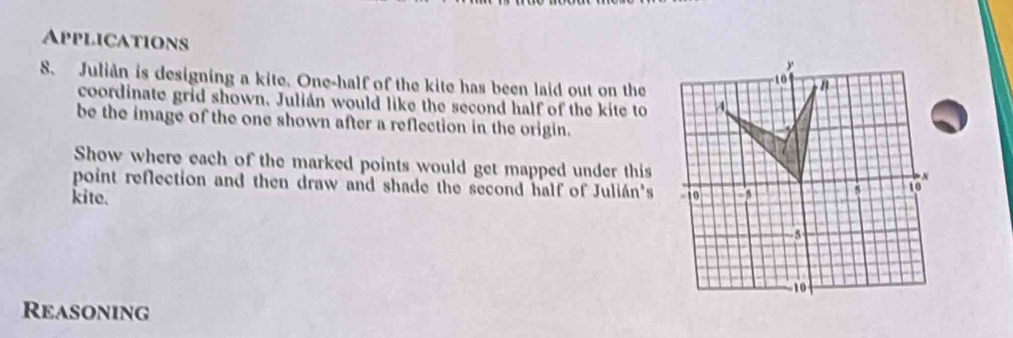 Applications 
y 
S. Julián is designing a kite. One-half of the kite has been laid out on the " 
coordinate grid shown. Julián would like the second half of the kite to a 
be the image of the one shown after a reflection in the origin. 
Show where each of the marked points would get mapped under this
x
point reflection and then draw and shade the second half of Julián's 1o 
kite. 
a 10
-5
10
Reasoning