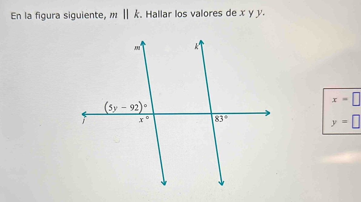 En la figura siguiente, mbeginvmatrix endvmatrix k. Hallar los valores de x y y.
x=□
y=□