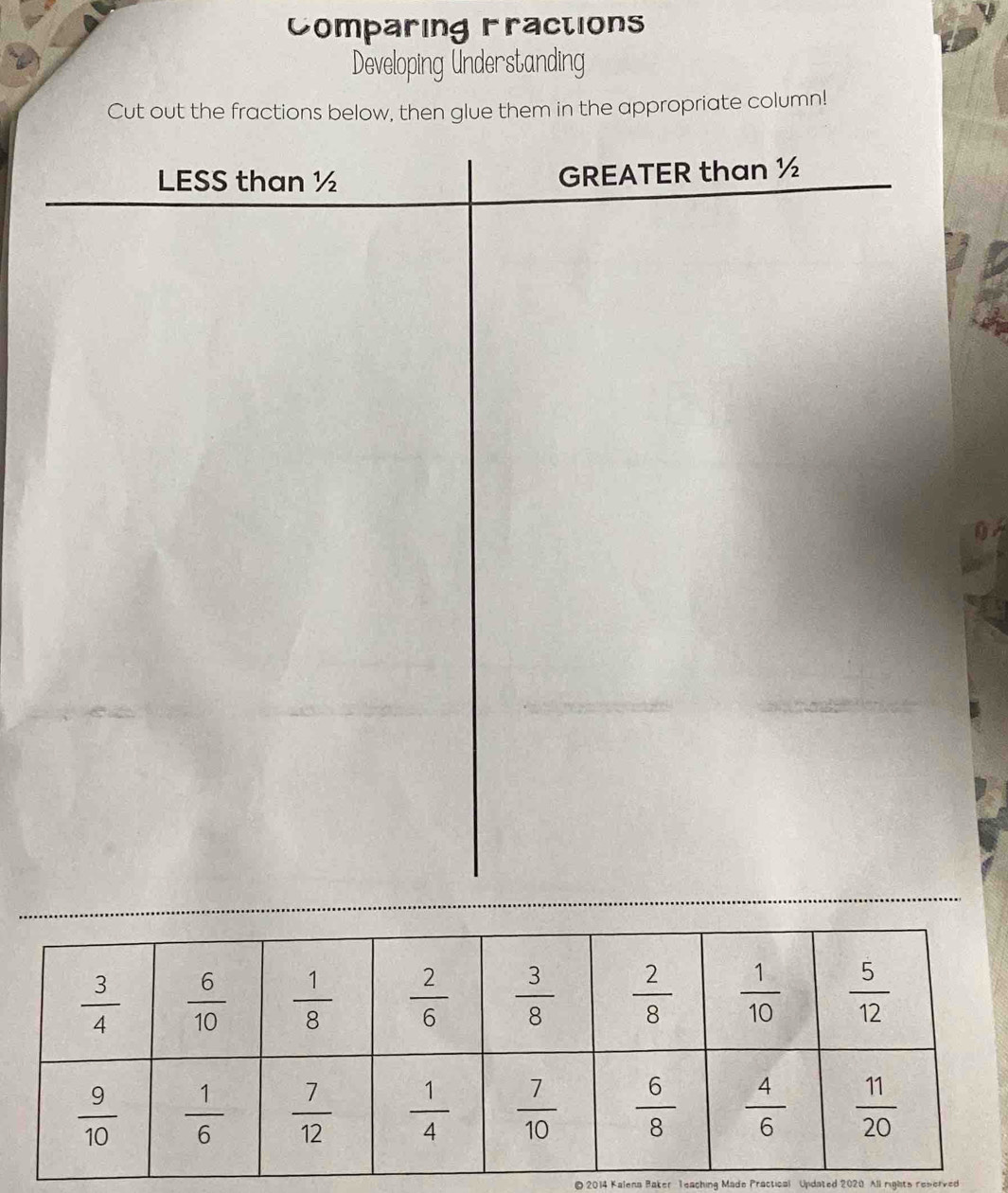 Comparing Fractions
V
Developing Understanding
Cut out the fractions below, then glue them in the appropriate column!
0 
O 2014 Kalena Baker Teaching Mado Practical Updated 2020 All rights