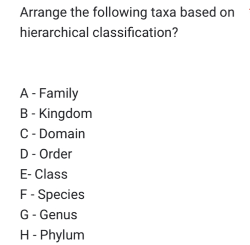 Arrange the following taxa based on
hierarchical classification?
A - Family
B - Kingdom
C - Domain
D - Order
E- Class
F - Species
G - Genus
H - Phylum