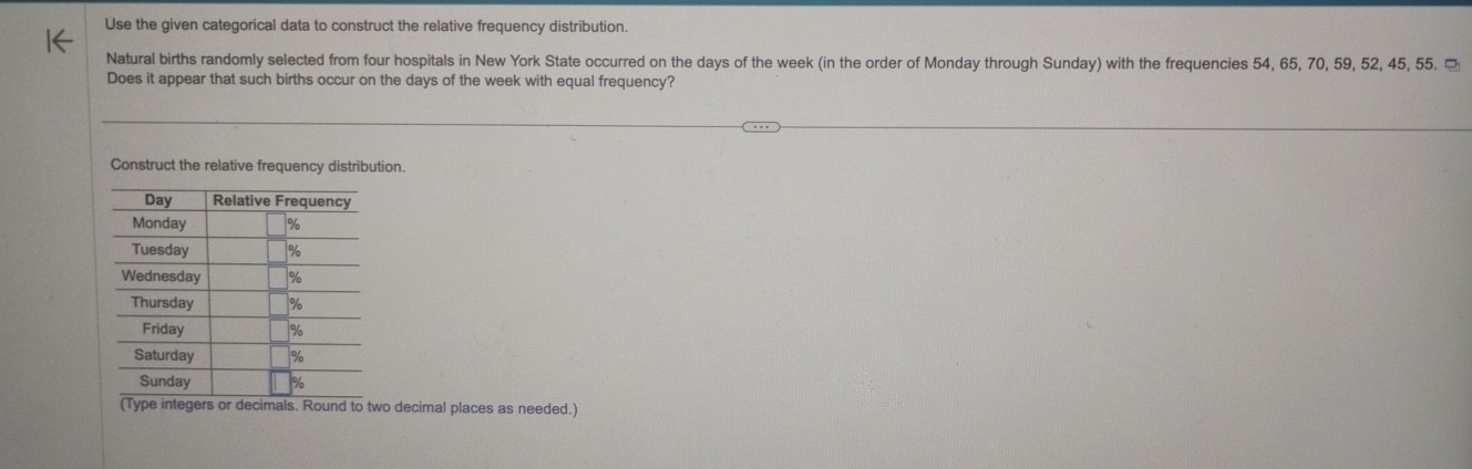 Use the given categorical data to construct the relative frequency distribution. 
Natural births randomly selected from four hospitals in New York State occurred on the days of the week (in the order of Monday through Sunday) with the frequencies 54, 65, 70, 59, 52, 45, 55. □ 
Does it appear that such births occur on the days of the week with equal frequency? 
Construct the relative frequency distribution. 
(Type integers or decimals. Round to two decimal places as needed.)