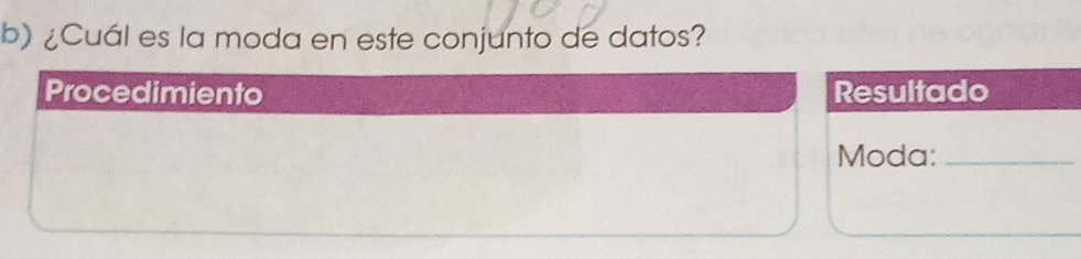 ¿Cuál es la moda en este conjunto de datos? 
Procedimiento Resultado 
Moda:_