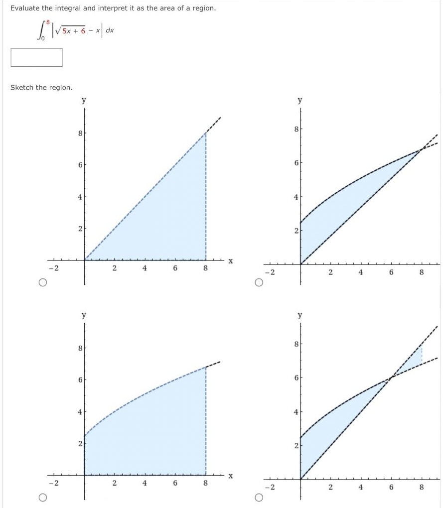 Evaluate the integral and interpret it as the area of a region.
∈t _0^(8|sqrt 5x+6)-x|dx
Sketch the region.