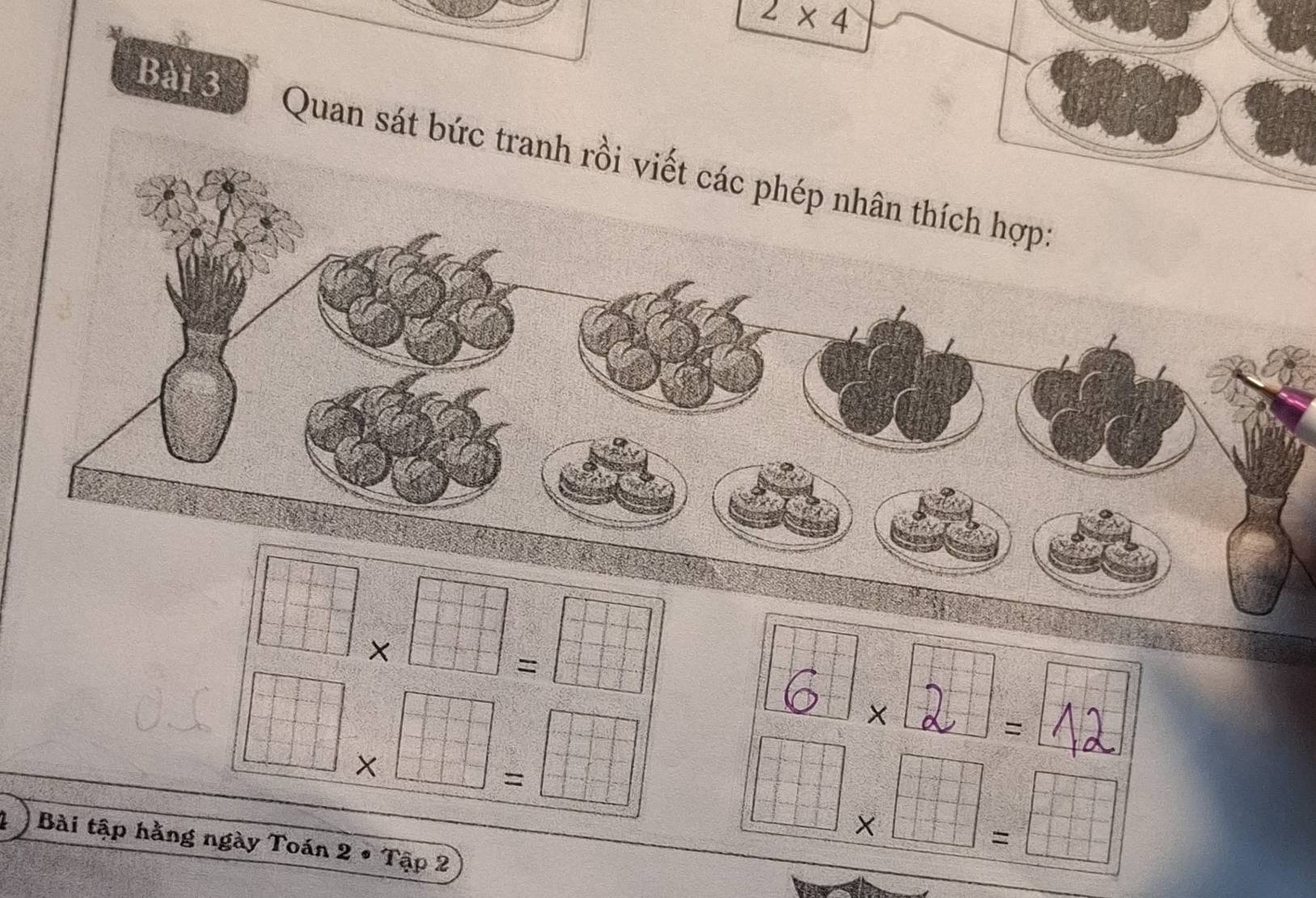 2* 4
Bài 3 Quan sát bức tranh rồi viết các phép nhân thích hợp:
3 × 2  = 12
X
Bài tập hằng ngày Toán 2 • Tập 2
□ * □ =□