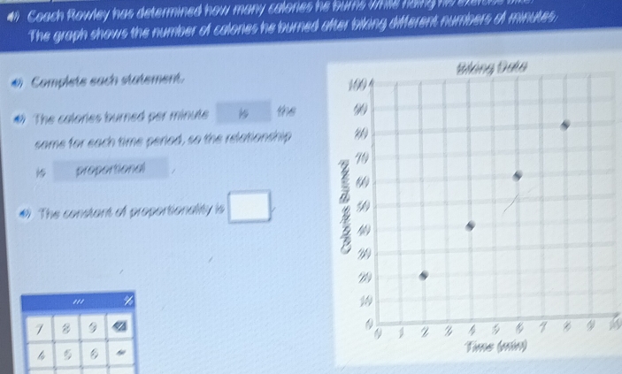 # Coach Rowley has determined how many calonies he burns while haing hs stet 
The graph shows the number of calones he burned after biling different numbers of minutes : 
* Complete sach statement 
# The calories burned per minute te 
same for each time peried, so the relationship 
proportional 
#) The constant of proportionality is □
"'
7 8 9