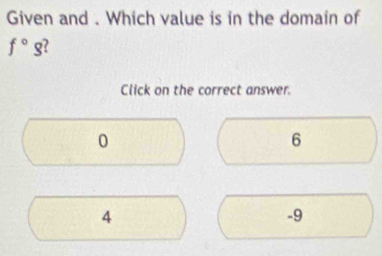 Given and . Which value is in the domain of
f°g
Click on the correct answer.
0
6
4
-9