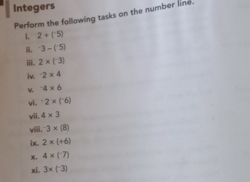 Integers 
Perform the following tasks on the number line. 
i. 2+(^-5)
i. ^-3-(^-5)
ⅲii. 2* (-3)
iv. ^-2* 4
v. -4* 6
vi. -2* (-6)
vii. 4* 3
viii. -3* (8)
ix. 2* (+6)
x. 4* (^-7)
xi. 3* (-3)