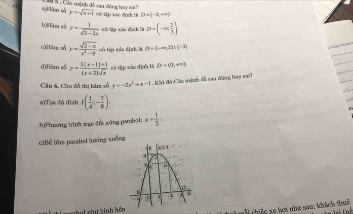 Ca5 . Các mệnh đề sau đúng hay sai?
a)Hàm số y=sqrt(x+1) có tập xác định là D=[-1;+∈fty )
b)Hàm số y= 1/sqrt(3-2x)  có tập xác định là D=(-∈fty ; 2/3 ]
c)Hàm số y= (sqrt(2-x))/x^2-9  có tập xác định là D=(-∈fty ;2) -3
d)Hàm số y= (3|x-1|+1)/(x+2)sqrt(x)  có tập xác định là D=(0;+∈fty )
Câu 6. Cho đồ thị hàm số y=-2x^2+x-1. Khi đó:Các mệnh đề sau đúng hay sai?
a)Tọa độ đinh I( 1/4 ;- 7/8 ).
b)Phương trình trục đối xứng parabol: x= 1/2 .
c)Bể lõm parabol hướng xuống.
o như hình bên
c i chiếc xe hơi như sau: khách thuê
(nế