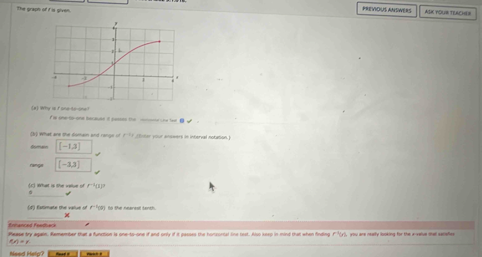 The graph of f is given.
PREVIOUS ANSWERS ASK YOUR TEACHER
(a) Why is fone-to-one?
f is one-to-one because it passes the Hezontal Line Test
(b) What are the domain and rangs of f^(-1)) (Enter your answers in interval notation.)
domain [-1,3]
ninge [-3,3]
(c) What is the value of f^(-1)(1)
_
(d) Estimate the value of f^(-1)(0) to the nearest tenth.
_×
Ennanced Feedback
Pease try again. Remember that a function is one-to-one if and only if it passes the horizontal line test. Also keep in mind that when finding r^(-1)(r). , you are really looking for the x -value that satisfles
f(x)=y. 
Need Help? Haed '! Warich